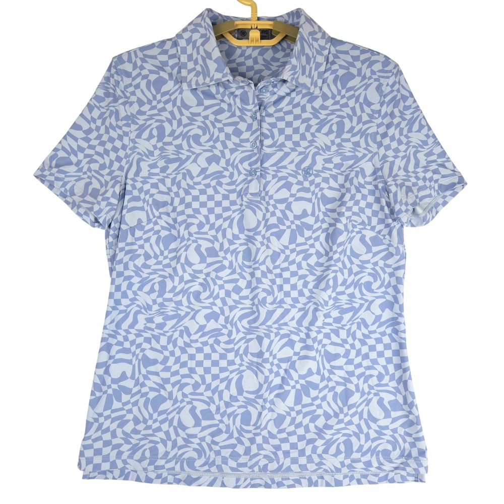 G/FORE‎ Womens Blue Warped Checkerboard Swirl Golf Polo Shirt Small G4LS22K78
